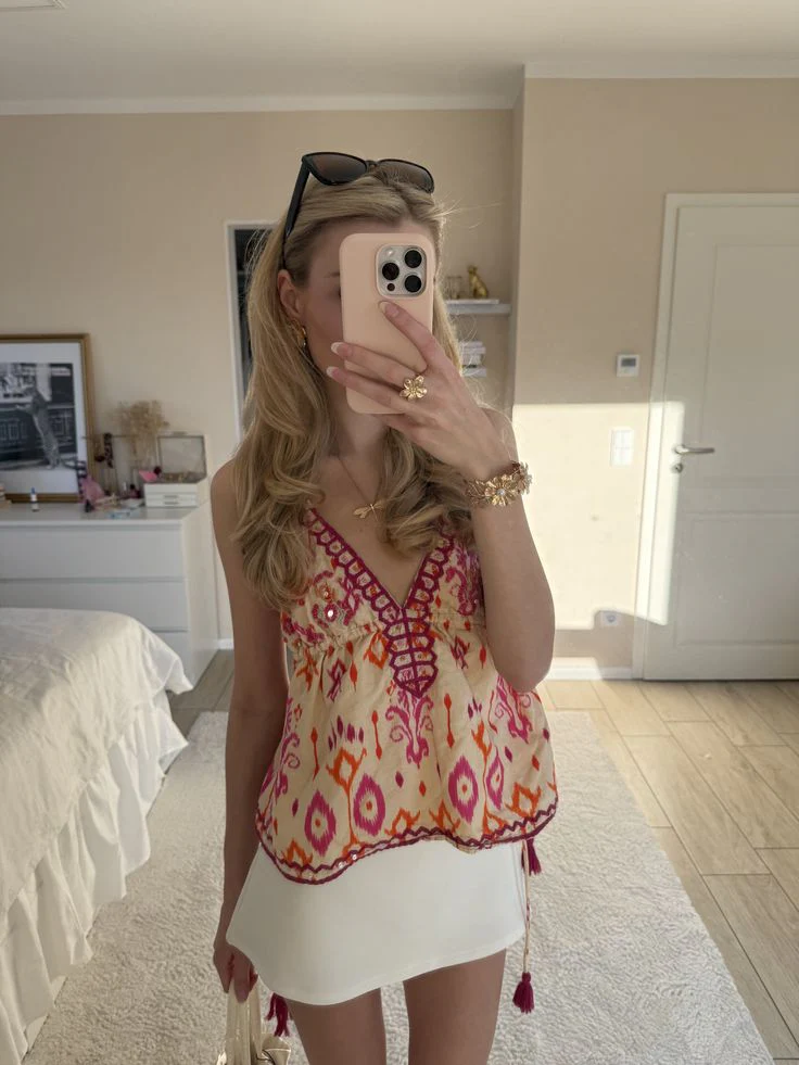 Sofia Embroidered Boho Tassel Tie Cami Top - Image 5
