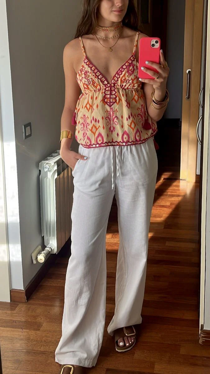 Sofia Embroidered Boho Tassel Tie Cami Top - Image 7