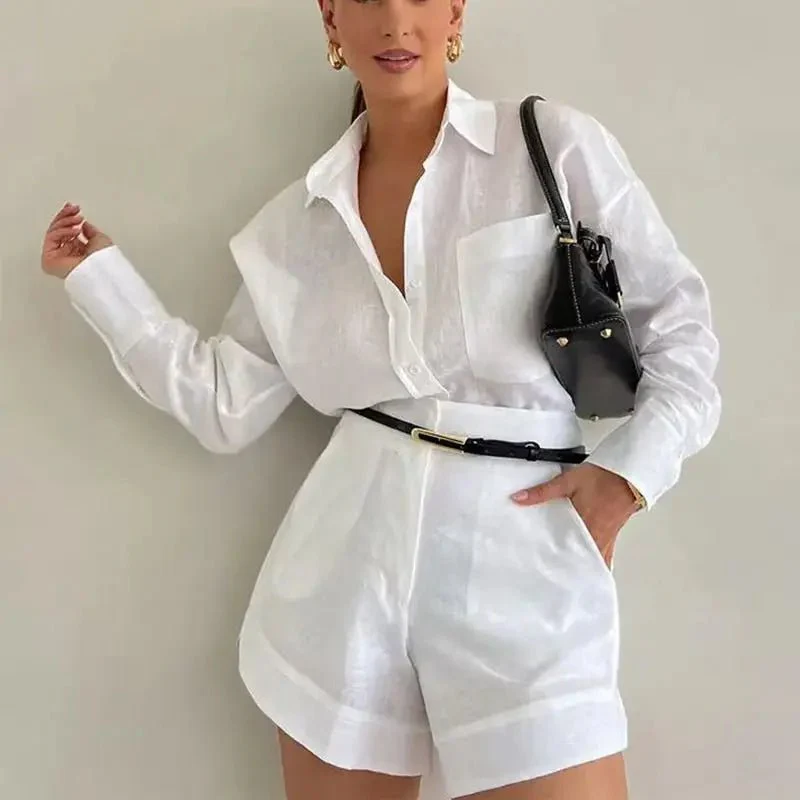 Solenn Long Sleeve High Waist Shorts Linen Set - Image 2
