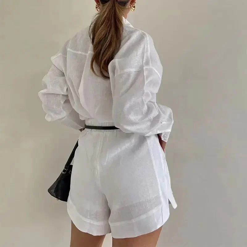 Solenn Long Sleeve High Waist Shorts Linen Set - Image 3