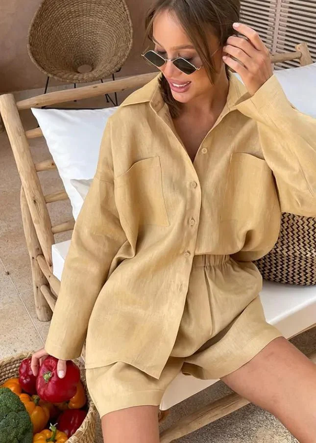 Sophia Linen Button-Down Shirt & High-Waist Shorts Set