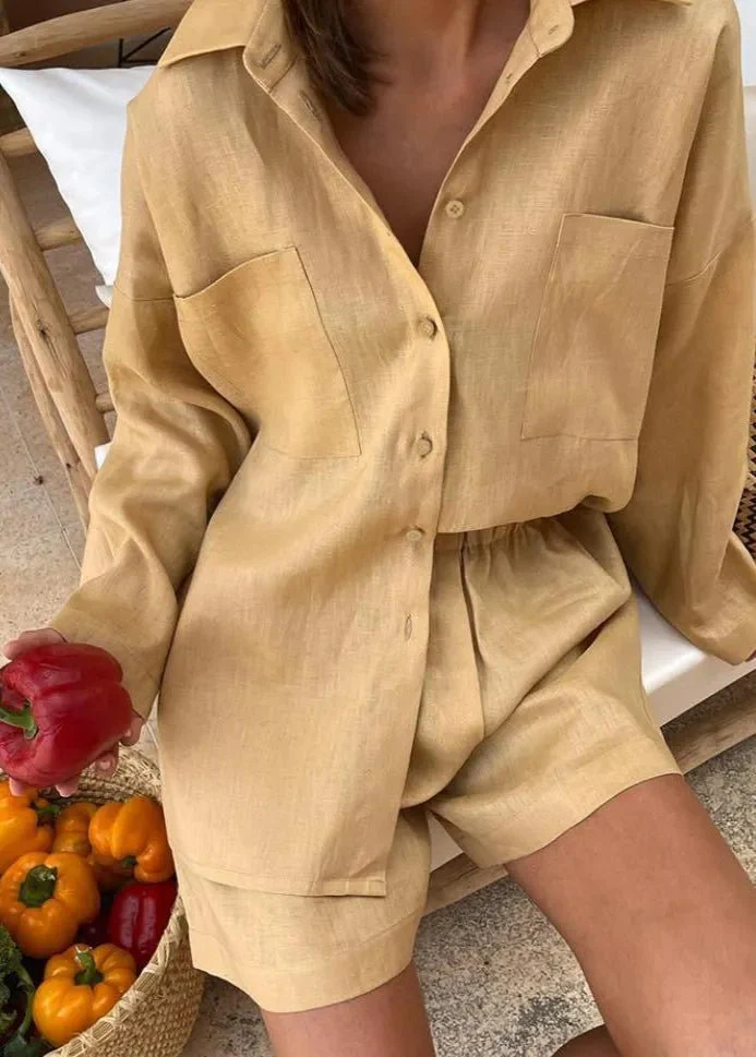 Sophia Linen Button-Down Shirt & High-Waist Shorts Set - Image 3