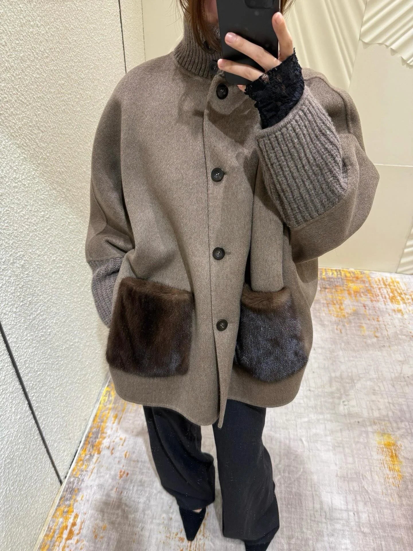 Terry Turtleneck Faux Fur Knit Coat - Image 6