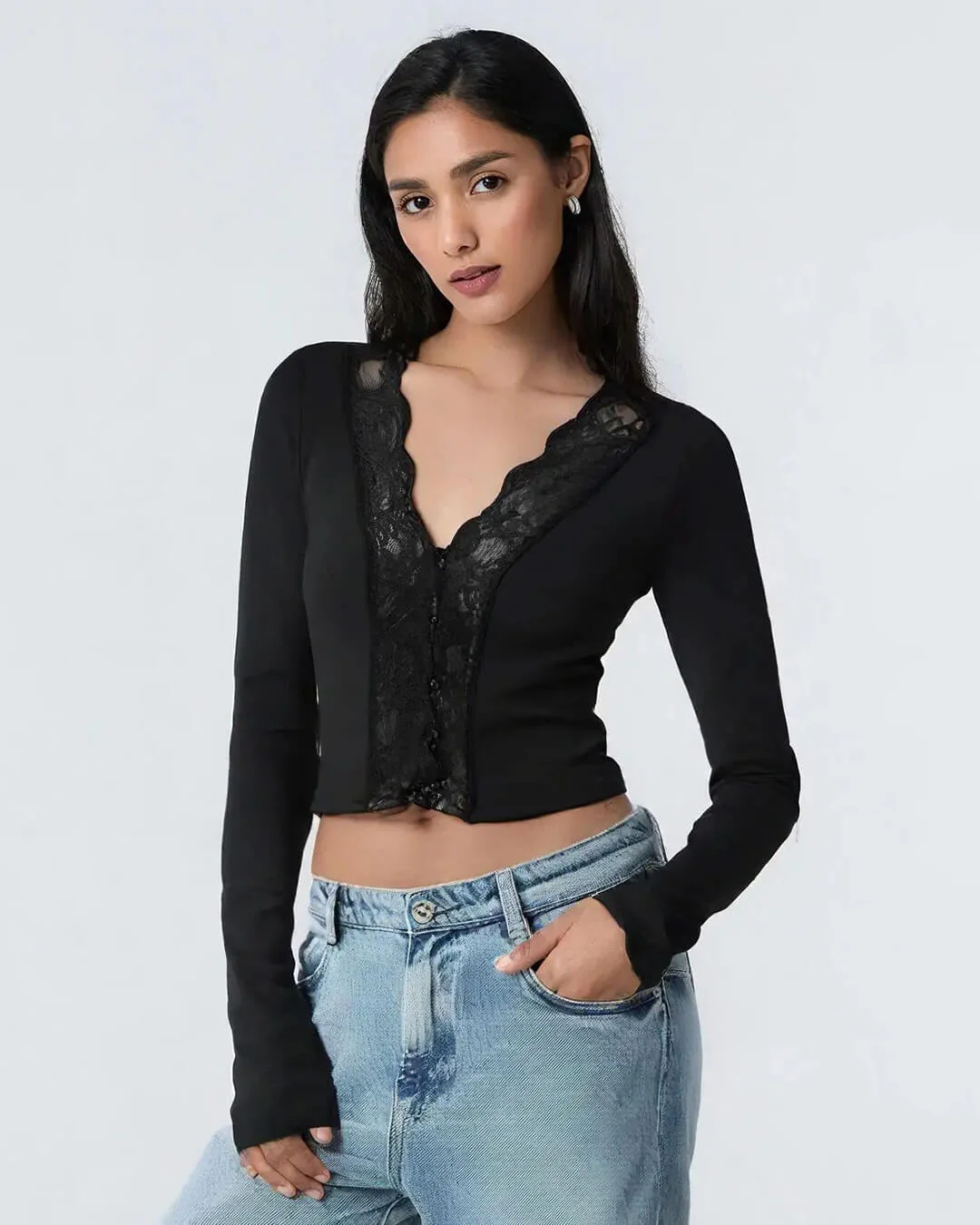 Victoria Long Sleeve Lace Trim Blouse