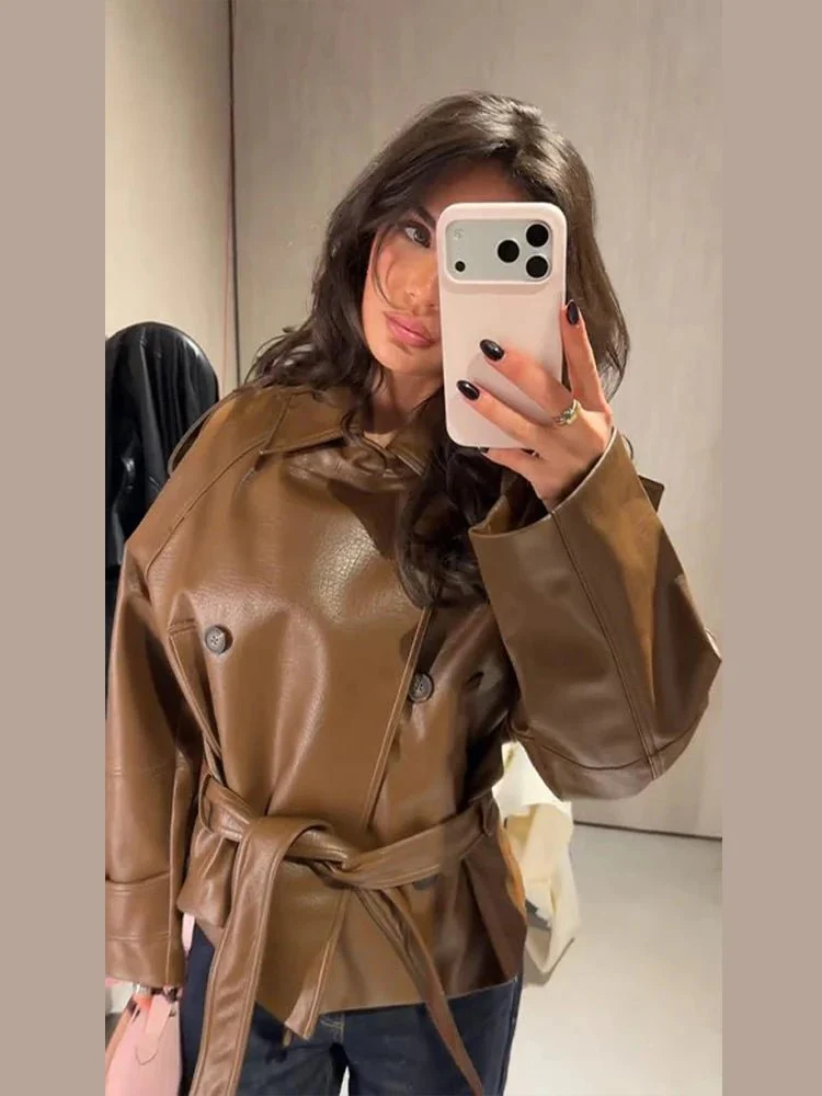 Xylia Belted Faux Leather Trench Coat - Image 3