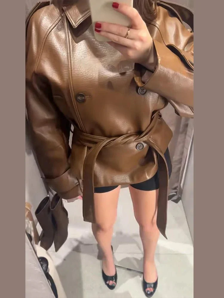 Xylia Belted Faux Leather Trench Coat - Image 4