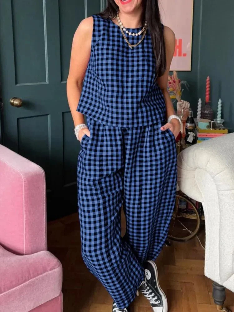 Zara Plaid Sleeveless Vest Nine Point Pants Set - Image 3
