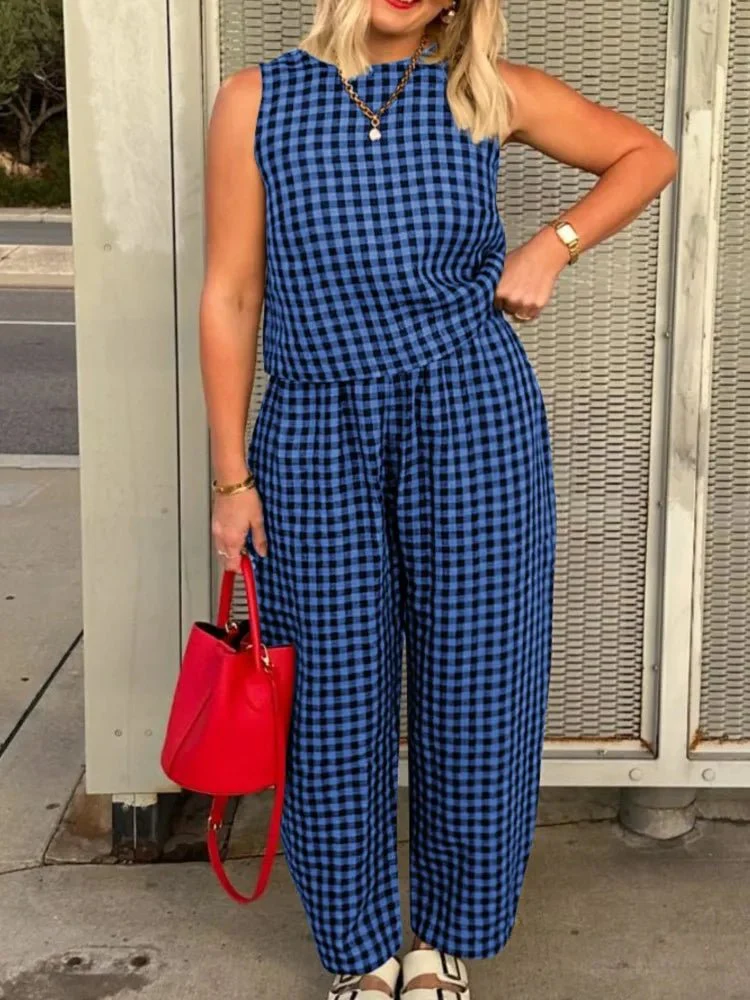 Zara Plaid Sleeveless Vest Nine Point Pants Set - Image 4